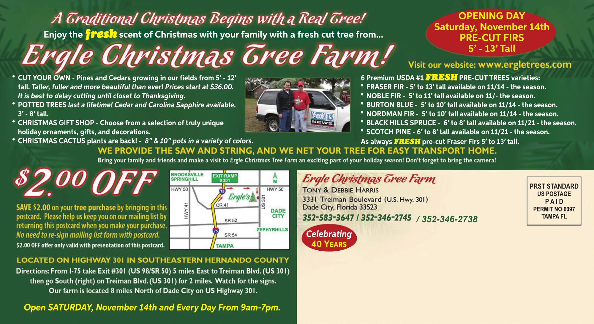 Back of the Ergle Christmas Tree Farm 2026 postcard with pre-cut tree varieties, directions map and $2.00 off coupon