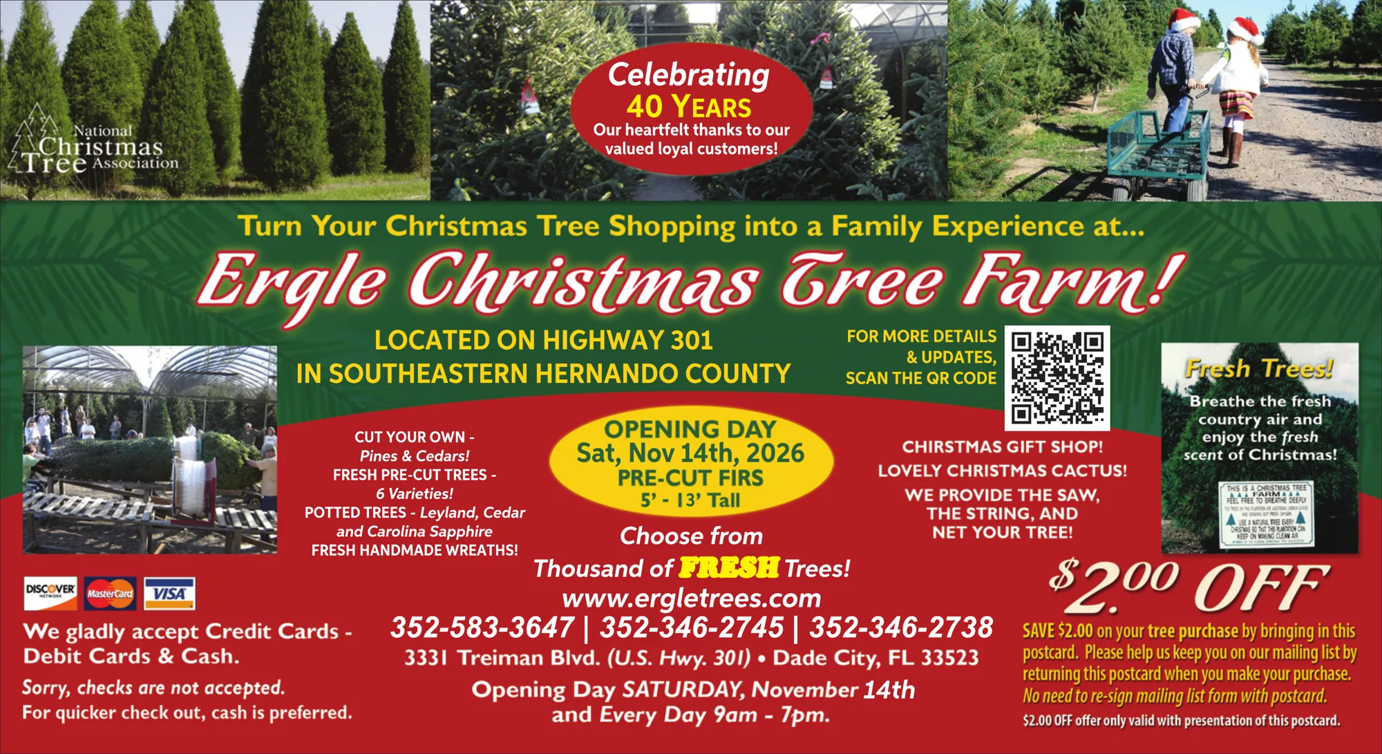 Front of the Ergle Christmas Tree Farm 2026 postcard: opening day Saturday, November 14, 2026 and $2.00 off with this postcard