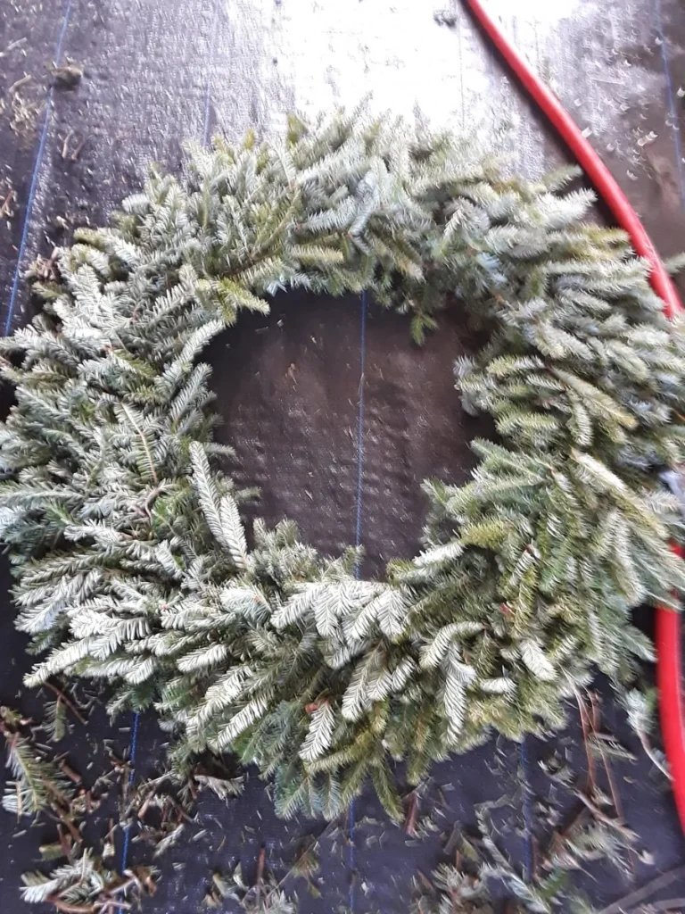 A frosted fresh wreath on the farm