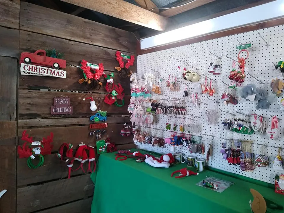Wall of Christmas ornaments and decorations in the gift shop