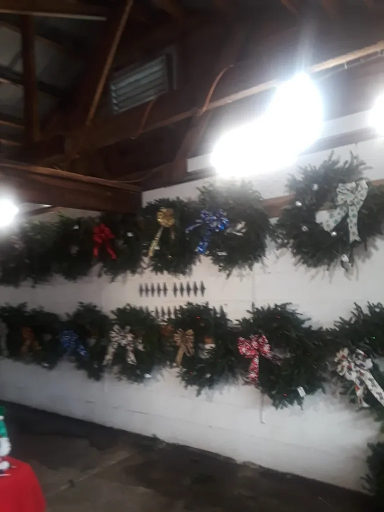 Fresh wreaths hanging in rows on the barn wall
